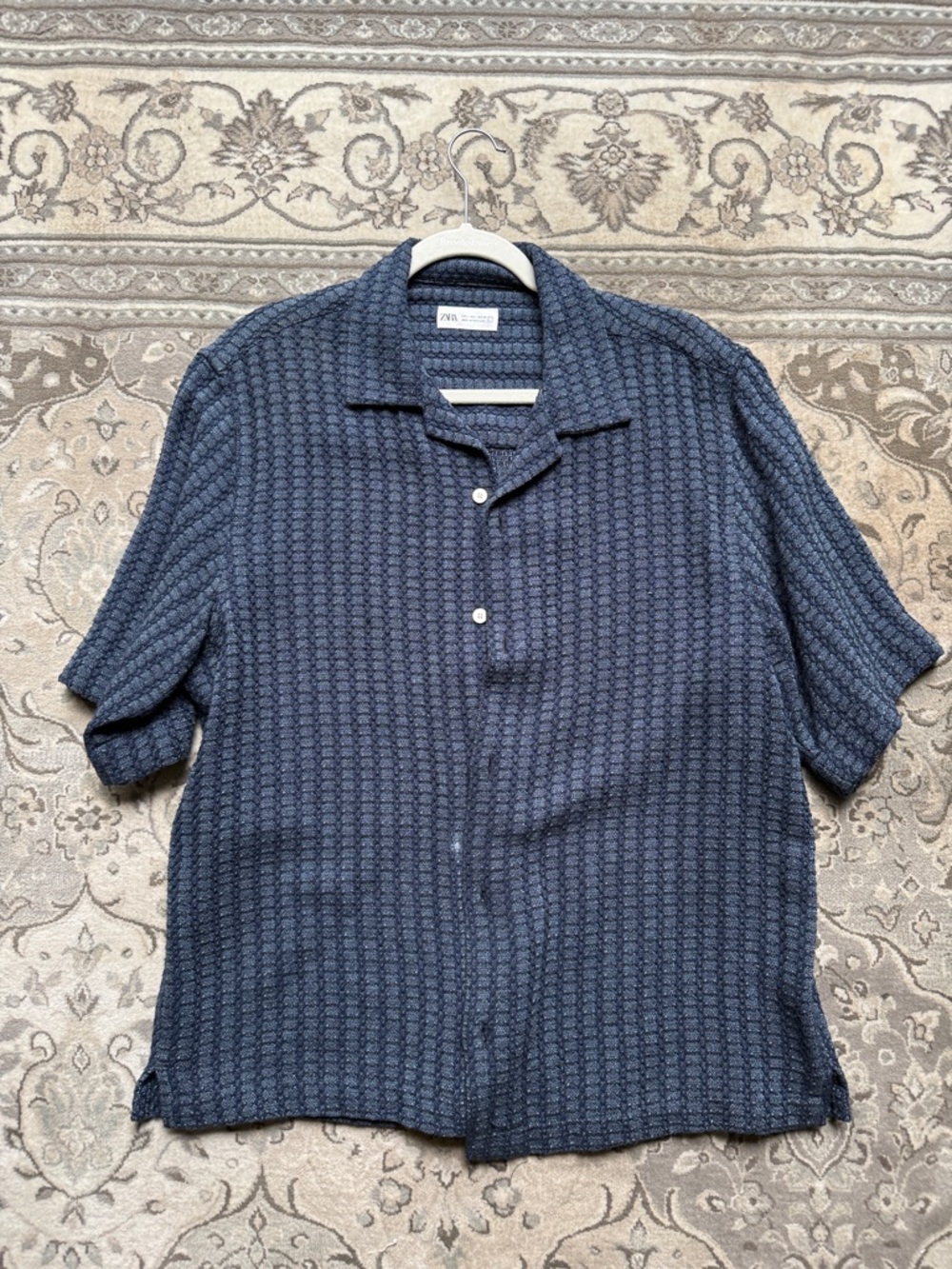 Zara Men's Textured Navy Short-Sleeve Button-Down Shirt